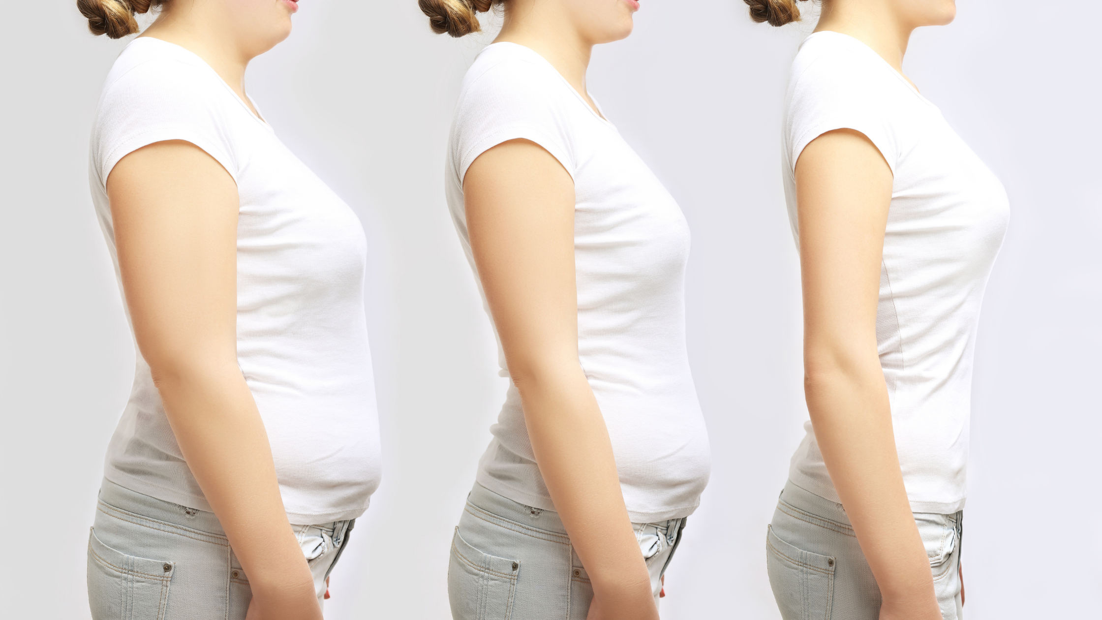 Three images of the same woman, each thinner than the last, showing weight loss over time Three images of the same woman, each thinner than the last, showing weight loss over time